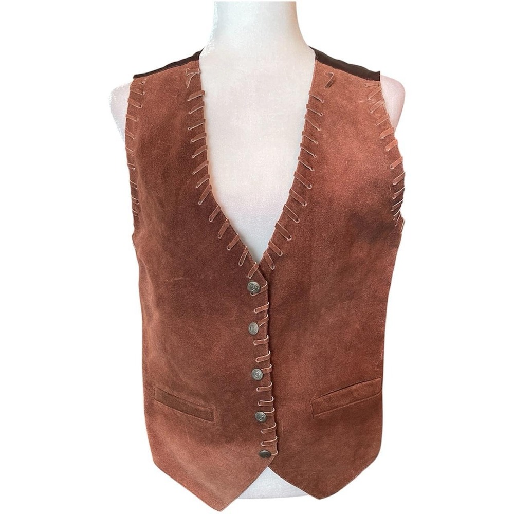 Vintage 90's Jane Ashley brown vest w leather trim & snap button closure size M